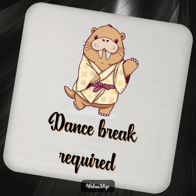 Funny playful walrus drink coaster in a patterned kimono, attempting a dance step, offering surface protection with whimsical humor.