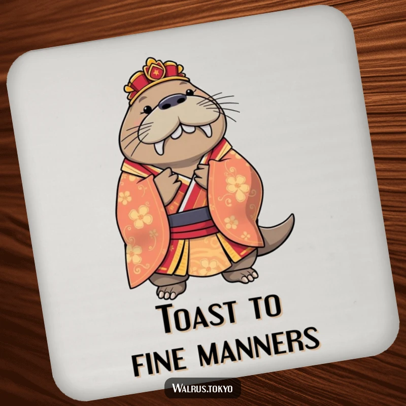 Funny regal walrus drink coaster in a kimono, bowing elegantly, offering surface protection with a distinguished humorous flair.