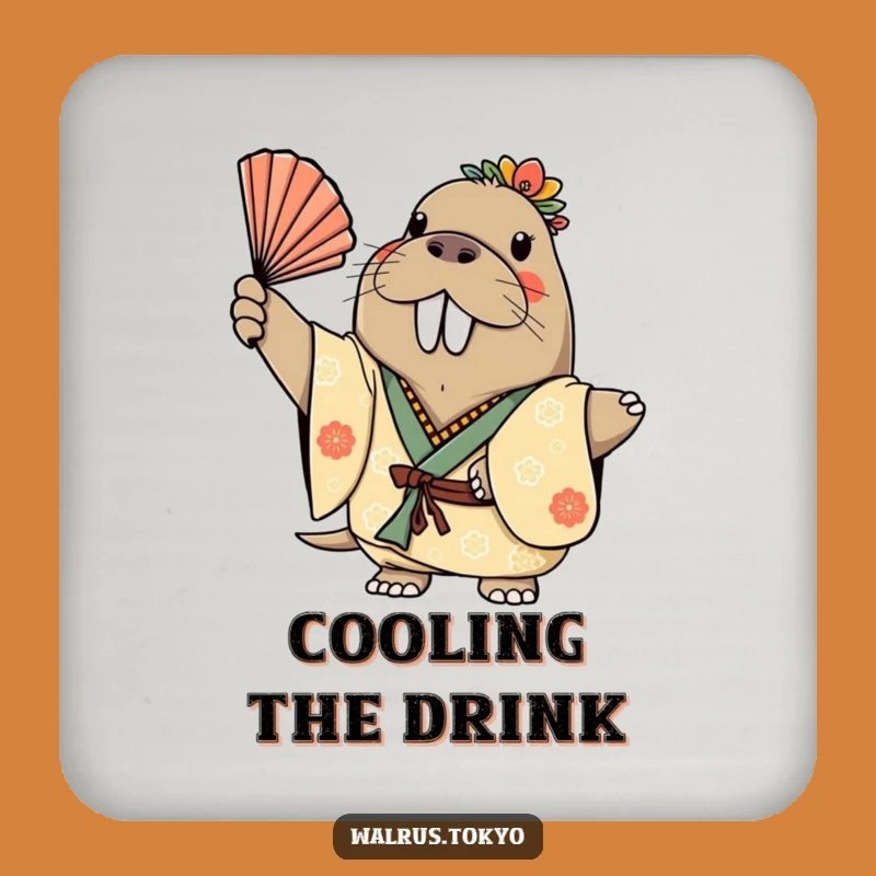 Funny Walrus Kimono Coaster Set: Cheerful Fan Grace for Your Tabletop