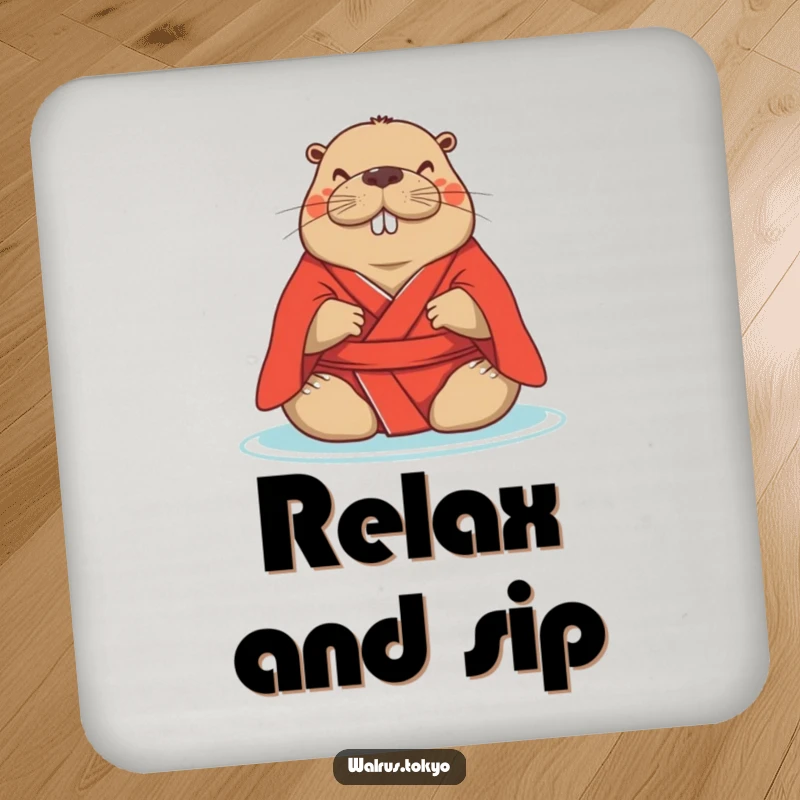 Funny red kimono walrus coasters, depicting a serene walrus meditating, perfect for adding peaceful humor to drink service.
