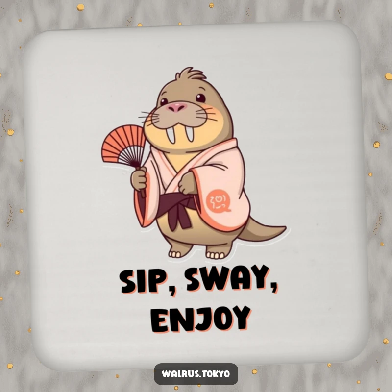 Funny cheerful walrus drink coaster in a kimono, gently swaying a fan, offering surface protection with serene and gentle humor.