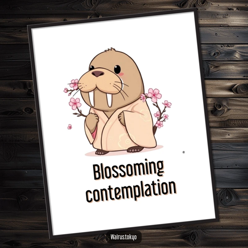 Funny curious walrus poster in a silken kimono, intently gazing at a blooming cherry blossom, capturing serene wonder.