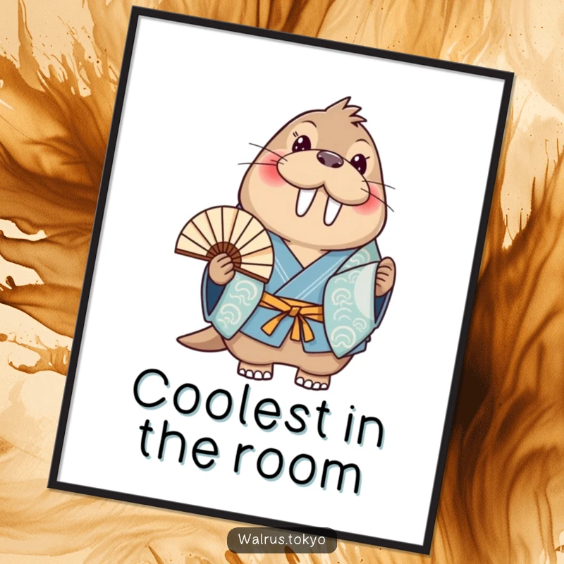 Funny blue kimono walrus fan poster, showing a happy walrus holding a fan, bringing joyful art and humor to walls.