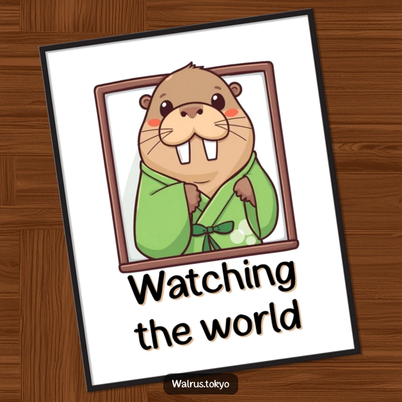 Funny green kimono walrus poster, depicting a curious walrus peeking out, bringing playful intrigue and humor to any room.