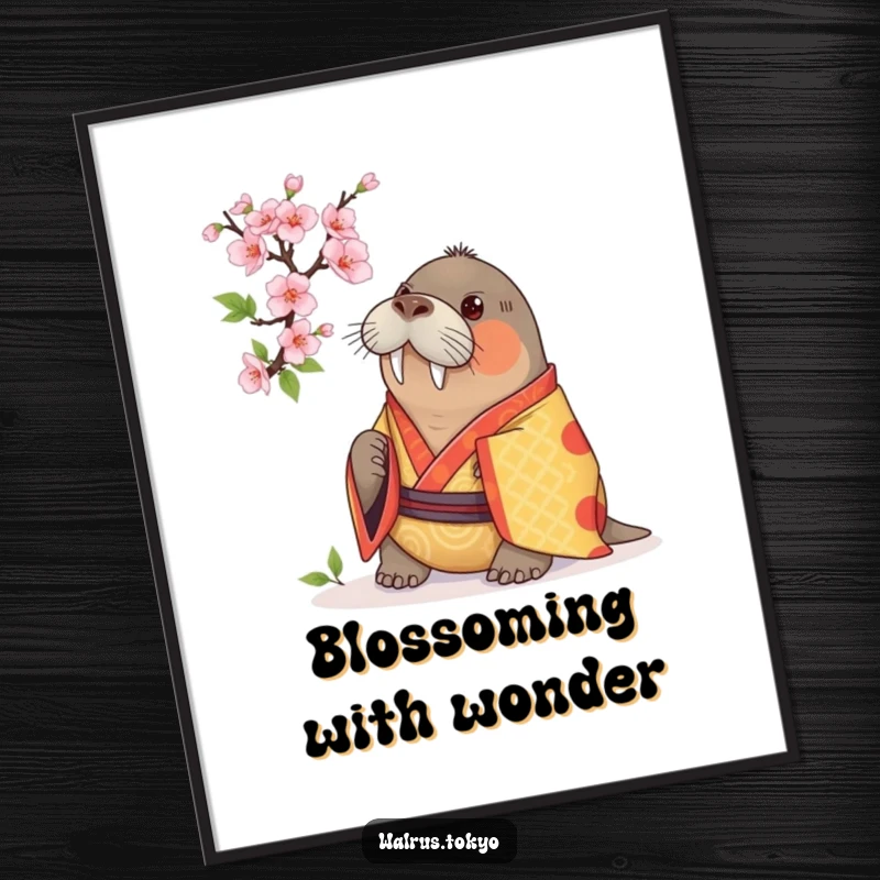 Funny poster art of a curious walrus in a vibrant kimono, examining a cherry blossom, adding contemplative humor and beauty to wall decor.