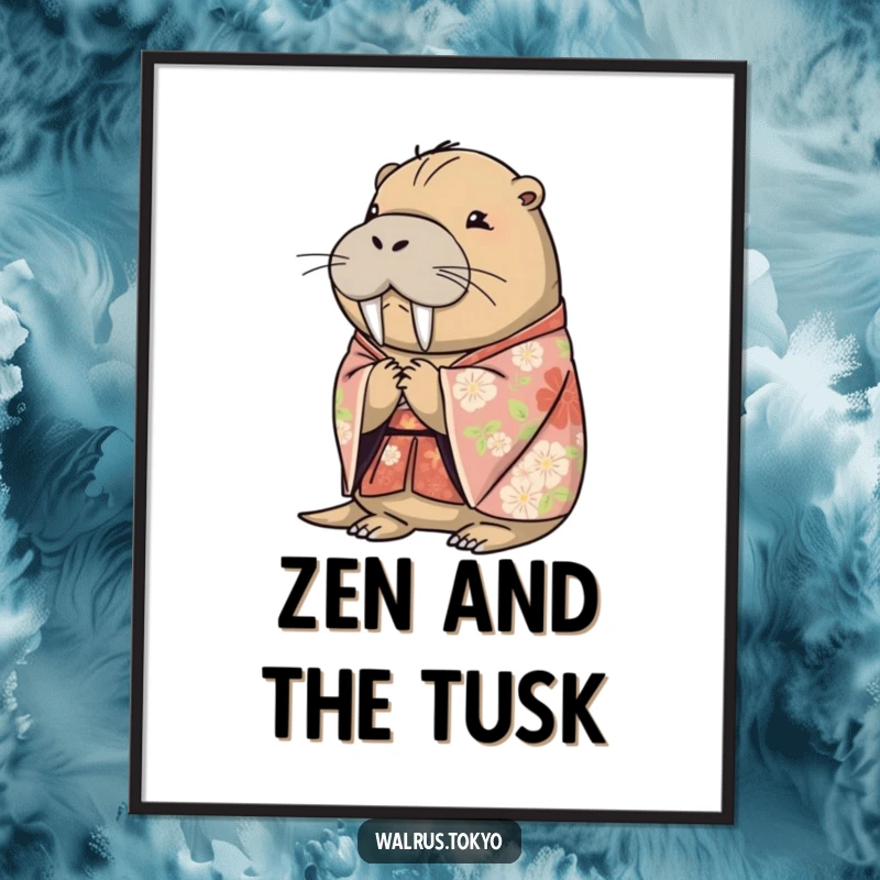 Funny floral kimono walrus poster, showcasing a sophisticated walrus bowing serenely, adding artistic humor and grace to walls.