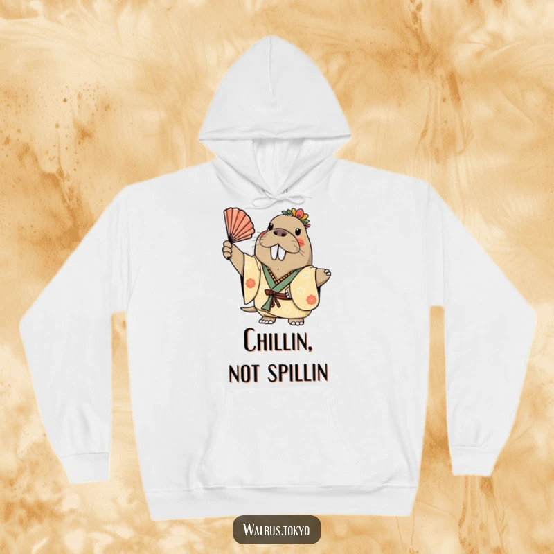 Funny hoodie showcasing a cheerful walrus in a decorated kimono, gracefully waving a fan, providing cozy warmth and humorous style.