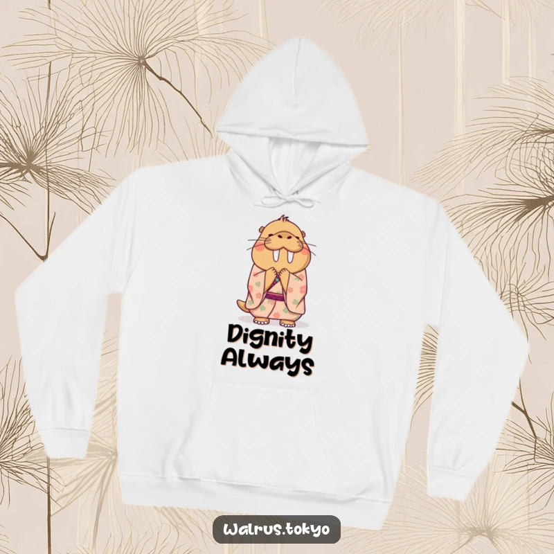 Funny hoodie with a happy walrus in a floral kimono, performing a polite and graceful bow, offering cozy comfort and humor.