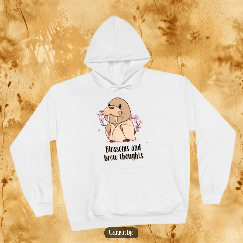 Funny curious walrus hoodie in a silken kimono, intently observing a blooming cherry blossom, offering cozy contemplation.