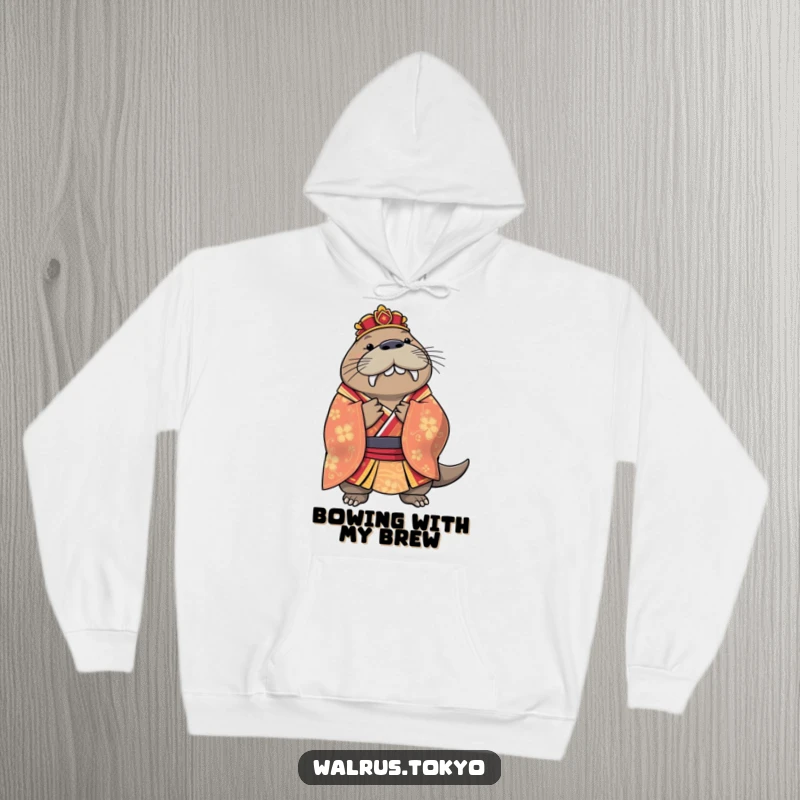 Funny regal walrus hoodie adorned in a vibrant kimono, performing a polite bow, radiating warmth and sophisticated humor.