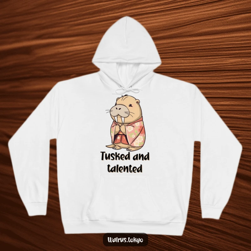 Funny floral kimono walrus hoodie, depicting a peaceful walrus bowing politely, offering warmth and humorous artistic flair.