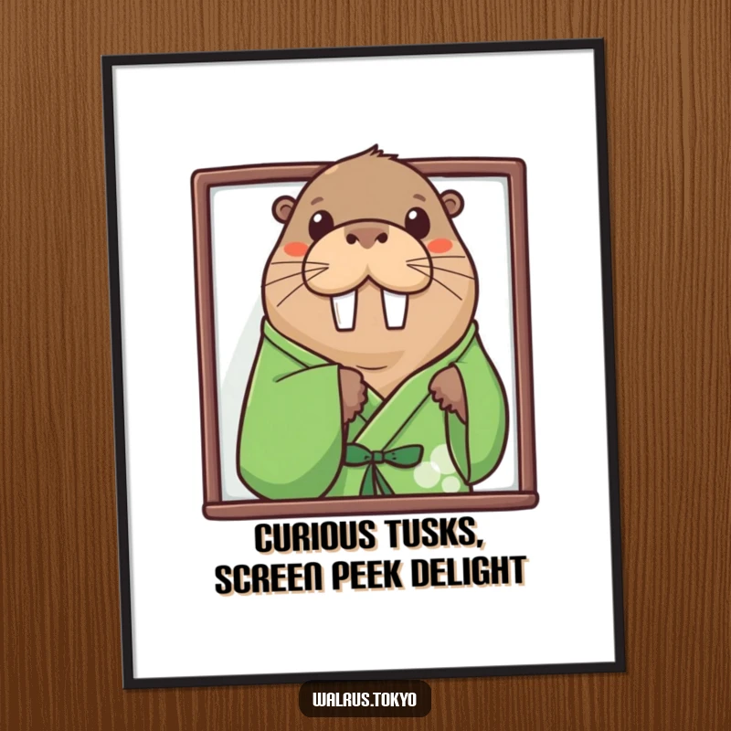 Funny Free Printable Peek-a-Boo Walrus Wall Art: Curious walrus in green kimono peeking from behind a screen, a playful decorative piece.