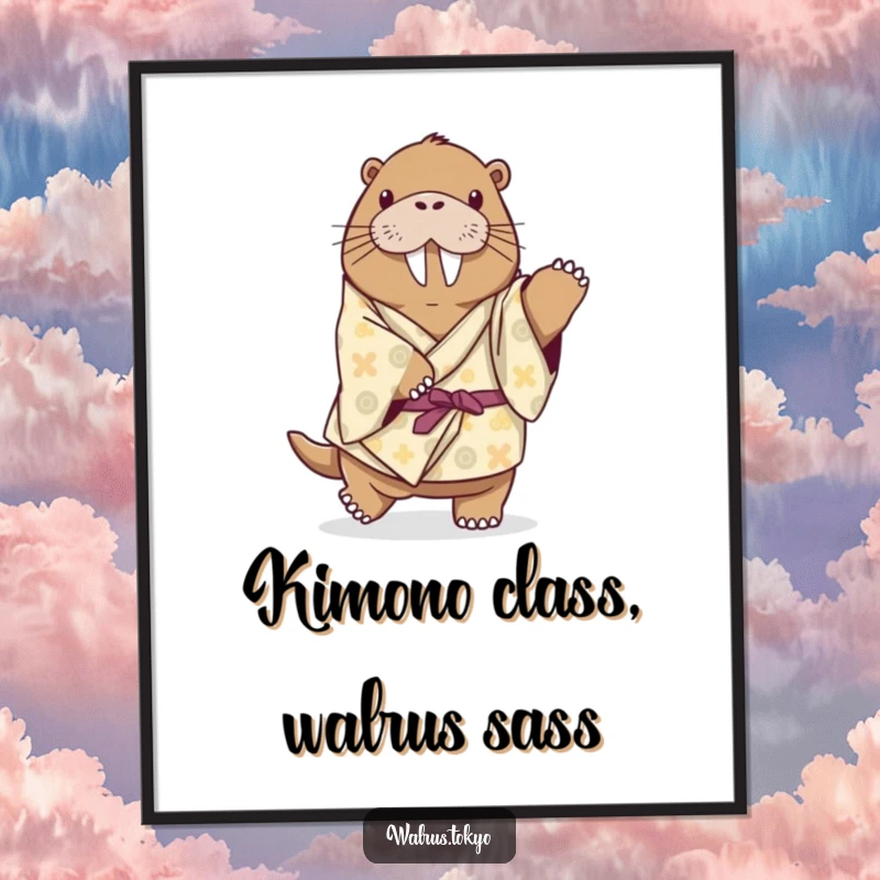 Funny Free Printable Wall Art: A playful walrus in a kimono attempts a charming, funny dance step.