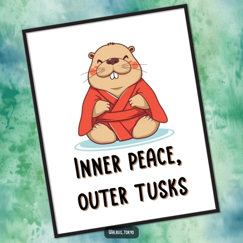 Funny Free Printable Zen Walrus Wall Art: Serene walrus in red kimono meditating peacefully, a calming decorative piece.