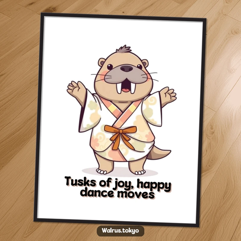 Funny Free Printable Dancing Walrus Wall Art: Playful walrus in patterned kimono doing a happy dance, adding joy to decor.