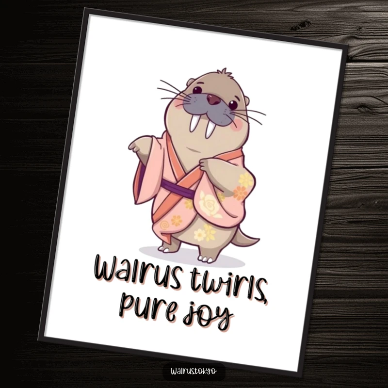 Funny Free Printable Wall Art: a playful walrus in a silk kimono doing a gentle spin, a downloadable piece.
