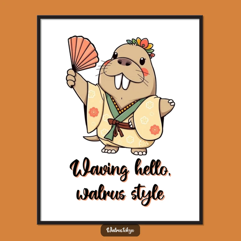 Free Printable Wall Art: Cheerful Walrus Kimono Fan Digital Download