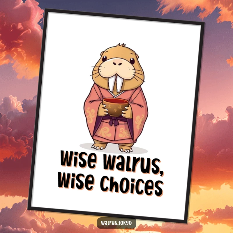 Funny free printable wall art of a dignified walrus in a formal kimono, enjoying tea with a comical, subtle smile.