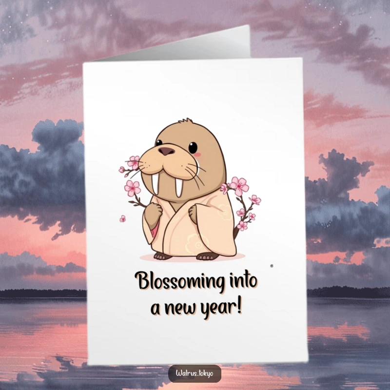Funny Free Printable Birthday Card: A curious walrus in a silken kimono intently observes a blooming cherry blossom.