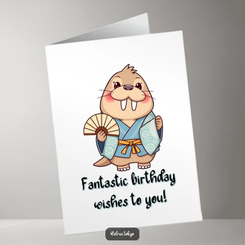 Funny Free Printable Walrus Fan Birthday Card: Smiling walrus in blue kimono holding a fan, wishing happy birthday.