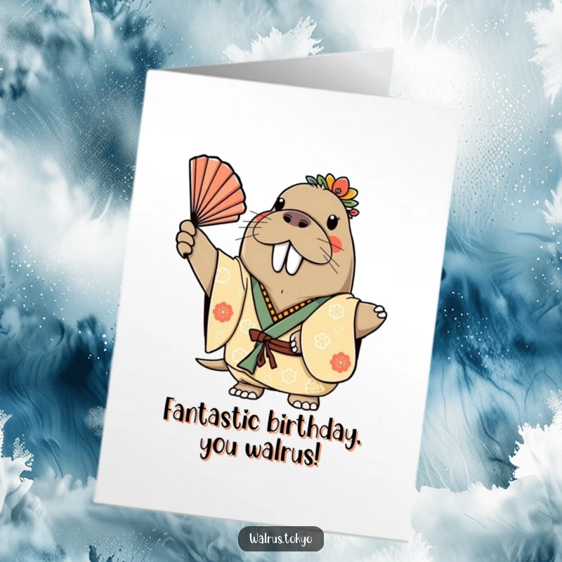 Funny Free Printable Birthday Card: a cheerful walrus in a decorated kimono waving a fan gracefully, a downloadable gift.