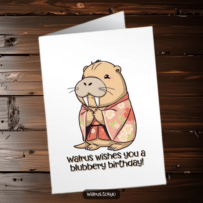 Funny Free Printable Walrus Kimono Birthday Card: Graceful walrus in floral kimono bowing, perfect for a birthday.