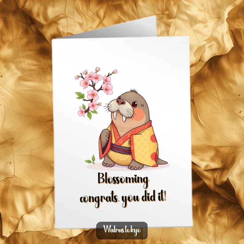 Funny Free Printable Congratulations Card: a curious walrus in a vibrant kimono looking at a cherry blossom, a downloadable gift.