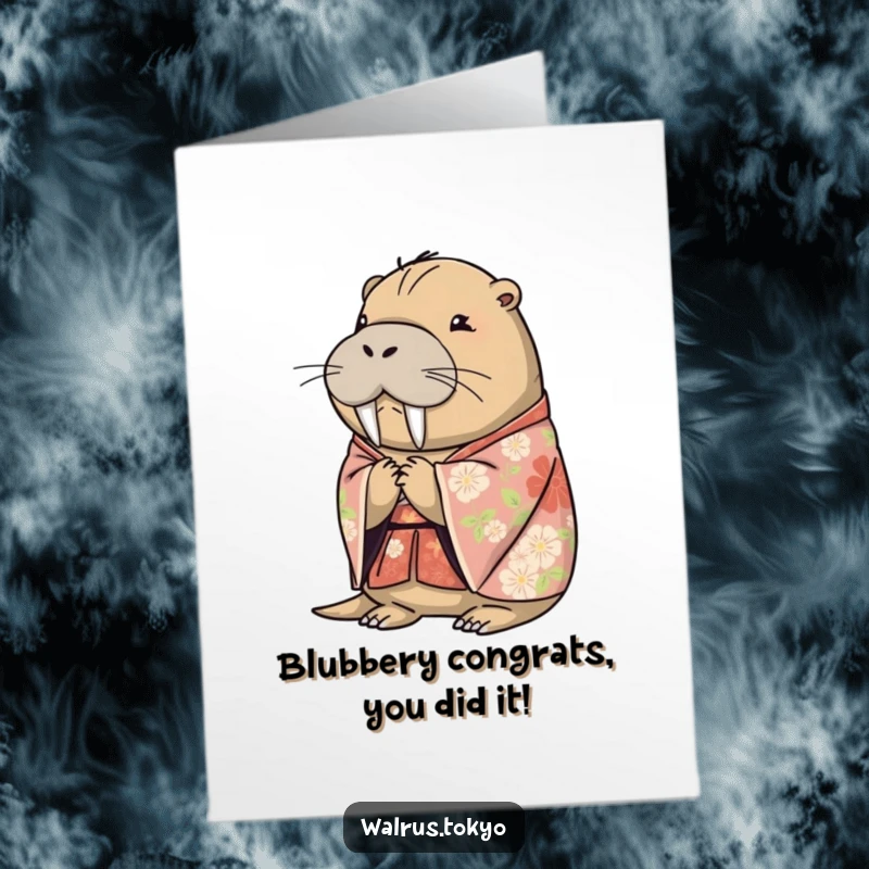 Funny Free Printable Walrus Kimono Congrats Card: Graceful walrus in floral kimono bowing, celebrating success.