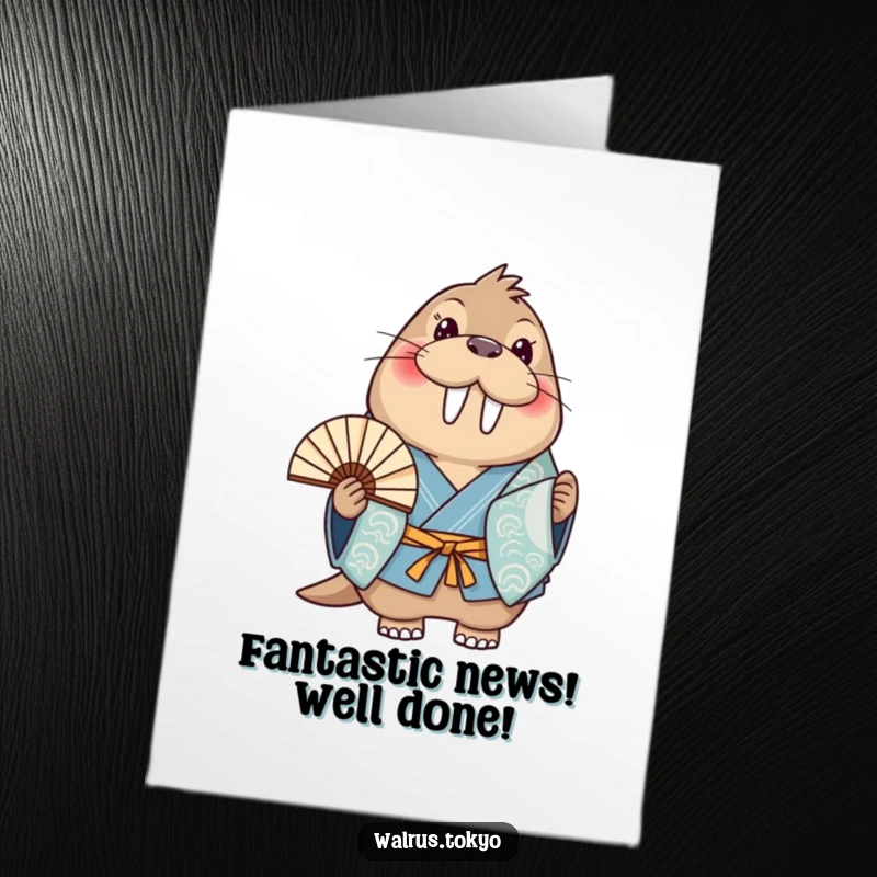 Funny Free Printable Walrus Fan Congrats Card: Smiling walrus in blue kimono holding a fan, congratulating success.