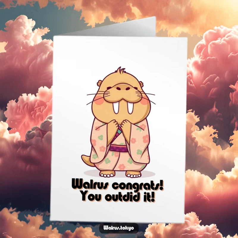 Funny Free Printable Congratulations Card: a happy walrus in a kimono bowing gracefully, a perfect downloadable gift.