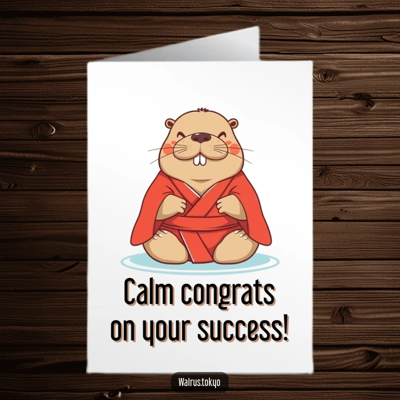 Funny Free Printable Zen Walrus Congrats Card: Serene walrus in red kimono meditating peacefully, congratulating success.