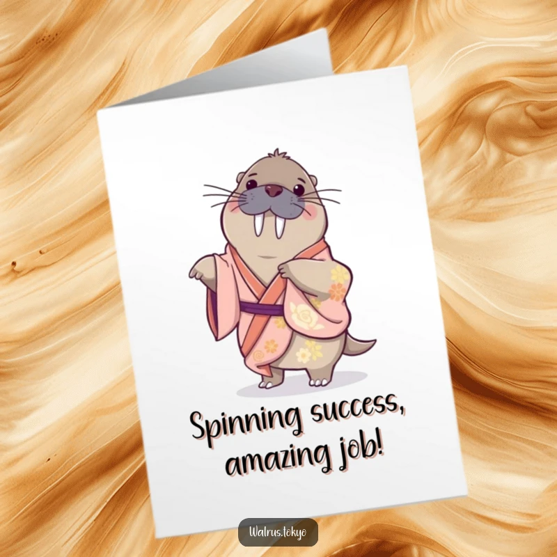 Funny Free Printable Congratulations Card: a playful walrus in a silk kimono spinning gracefully, a downloadable gift.