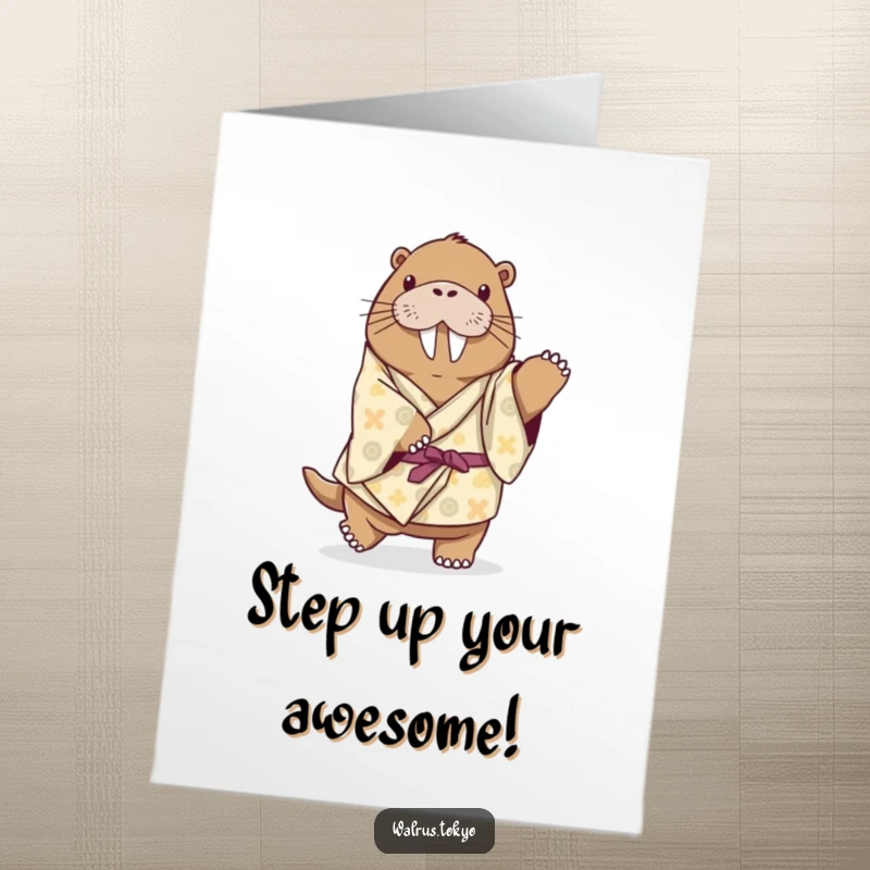 Funny Free Printable Congratulations Card: A playful walrus in a kimono attempts a triumphant, funny dance step.