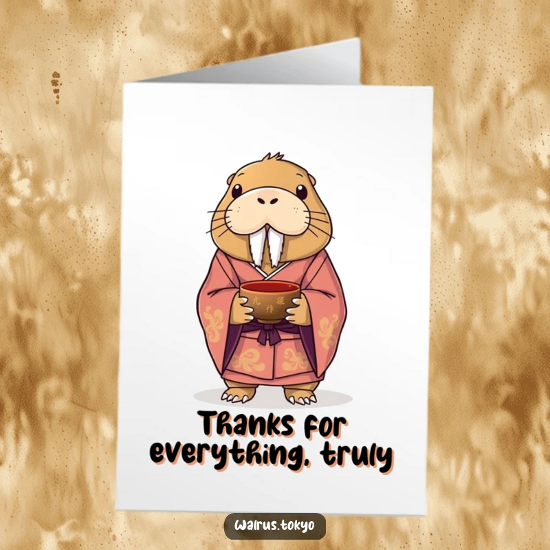 Funny free printable thank you card with a dignified walrus in a formal kimono, presenting a tea bowl gracefully.