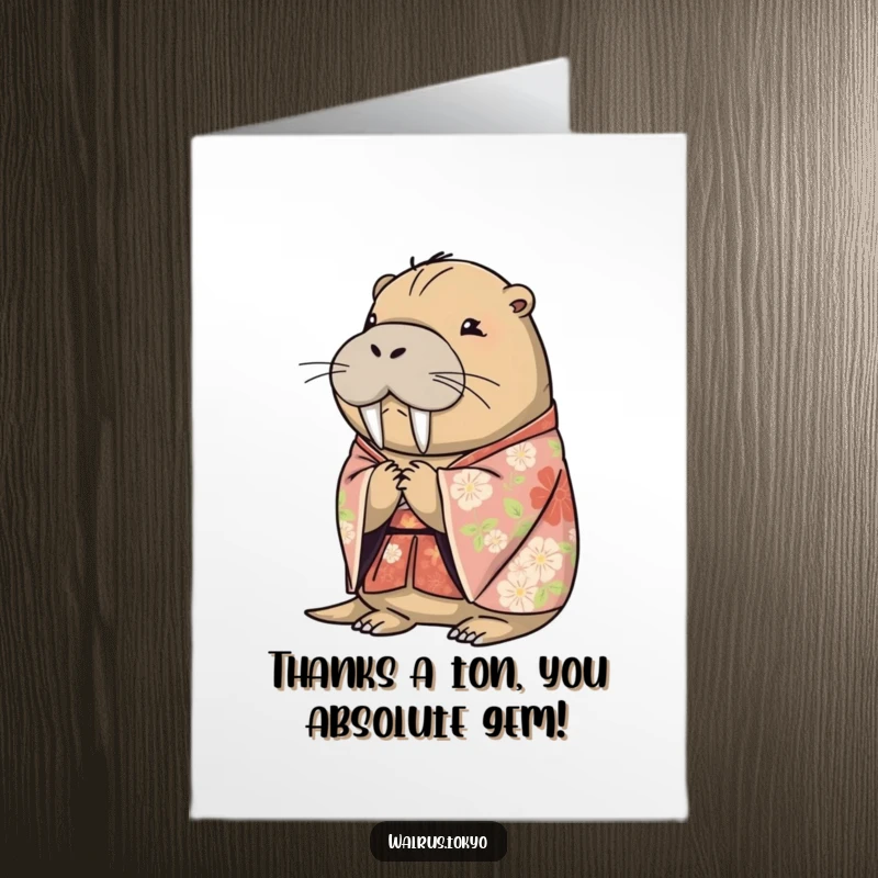 Funny Free Printable Walrus Kimono Thank You Card: Graceful walrus in floral kimono bowing, expressing thanks.