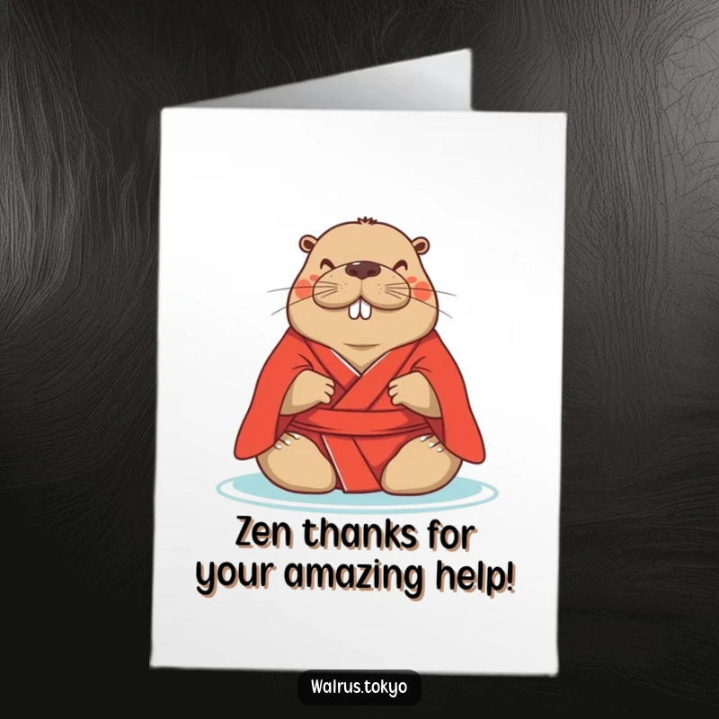 Funny Free Printable Zen Walrus Thank You Card: Serene walrus in red kimono meditating peacefully, expressing thanks.