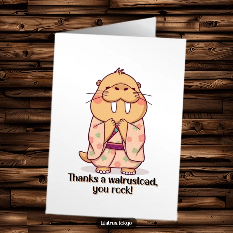 Funny Free Printable Thank You Card featuring a happy walrus in a floral kimono bowing politely, a downloadable gift.