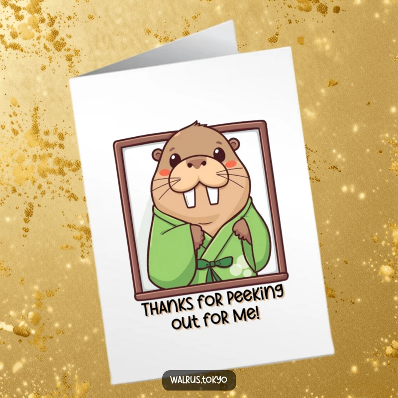 Funny Free Printable Peek-a-Boo Walrus Thank You Card: Curious walrus in green kimono peeking from behind a screen, expressing thanks.