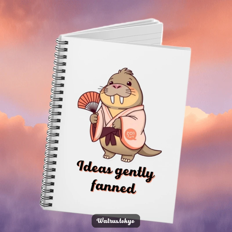 Funny cheerful walrus notebook in a flowing kimono, gently swaying a fan, perfect for jotting down ideas with gentle humor.