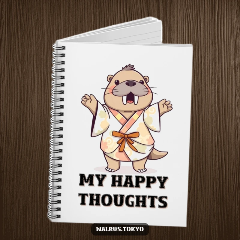 Funny patterned kimono walrus notebook, depicting a playful walrus dancing happily, perfect for jotting down ideas with humor.