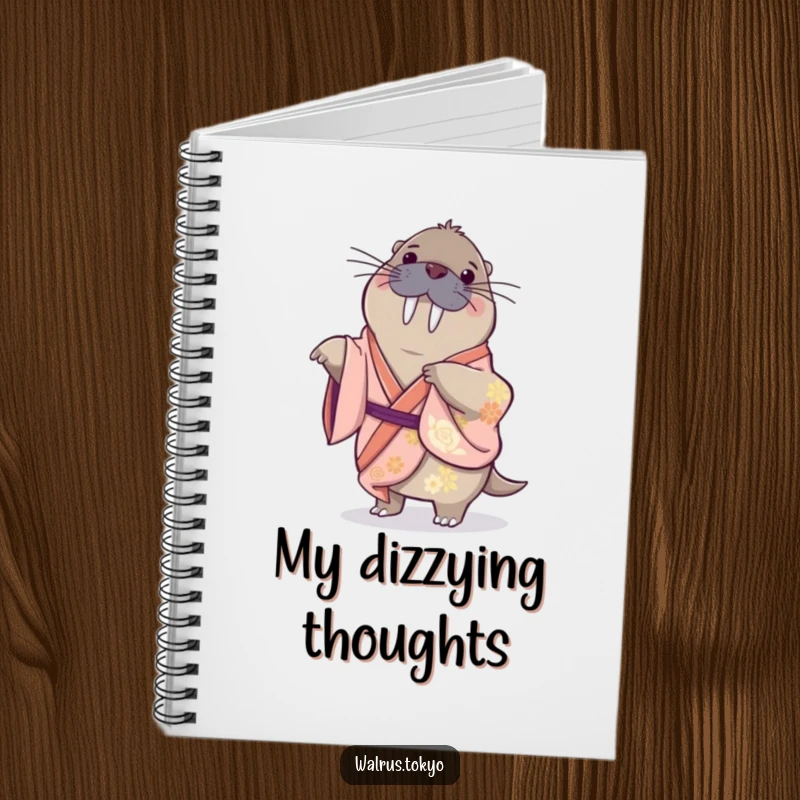 Funny notebook with a playful walrus in a silk kimono, doing a gentle spin, perfect for capturing ideas with humorous energy.