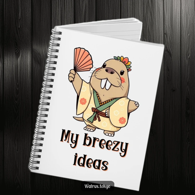 Funny notebook with a cheerful walrus in a decorated kimono, gracefully waving a fan, inspiring notes and ideas with humorous charm.