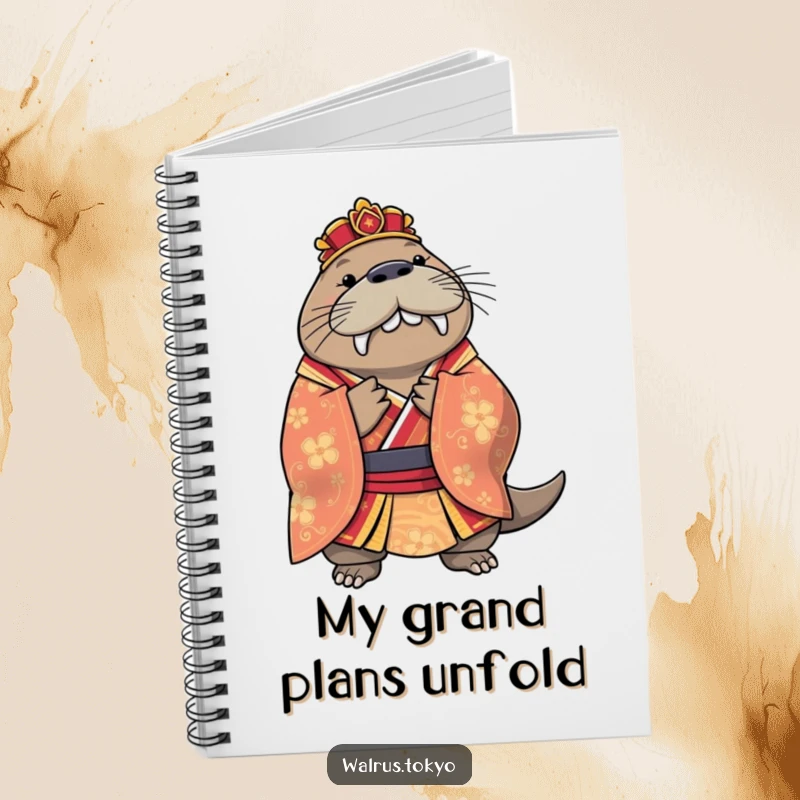 Funny regal walrus notebook featuring a colorful kimono and a graceful bow, perfect for elegant note-taking with humor.