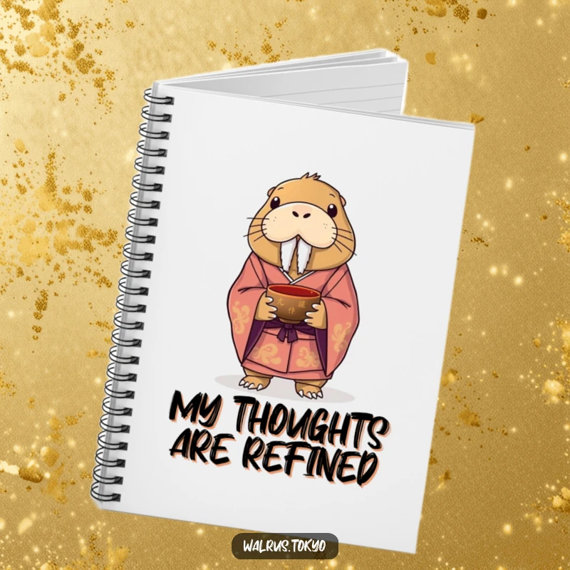 Funny notebook cover featuring a dignified walrus in a formal kimono, holding a tea bowl, perfect for jotting down witty observations.