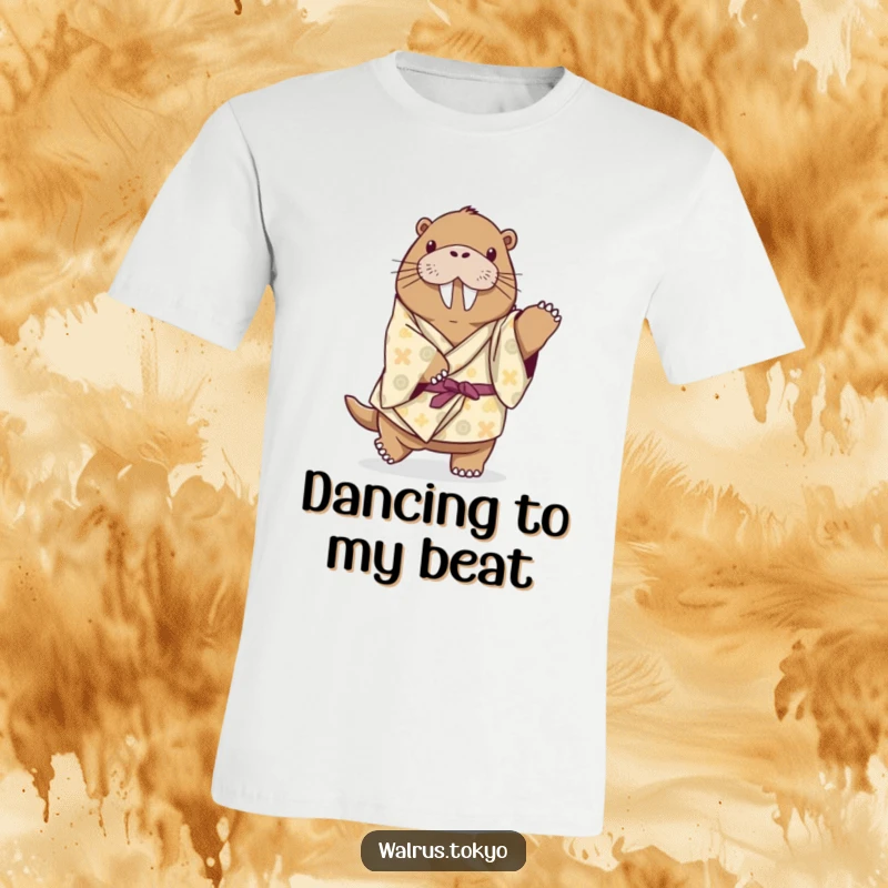 Funny playful walrus t-shirt in a patterned kimono, attempting a ballet move with amusing determination and clumsy grace.