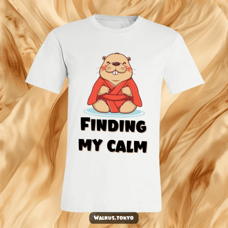 Funny red kimono walrus t-shirt, showing a serene walrus meditating peacefully, a tranquil and humorous addition to any wardrobe.