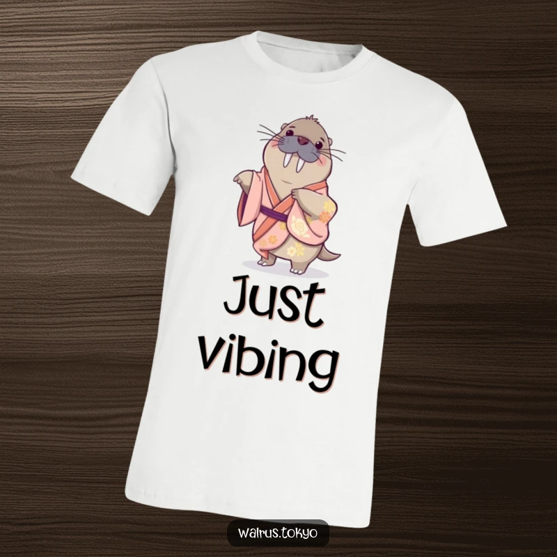 Funny T-shirt featuring a playful walrus in a silk kimono, doing a gentle spin, showcasing energetic and humorous charm.