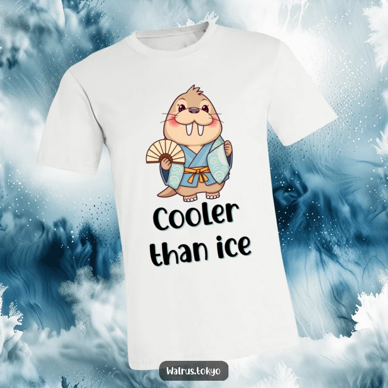 Funny blue kimono walrus t-shirt, depicting a smiling walrus with a fan, embodying happy vibes and cheerful humor.