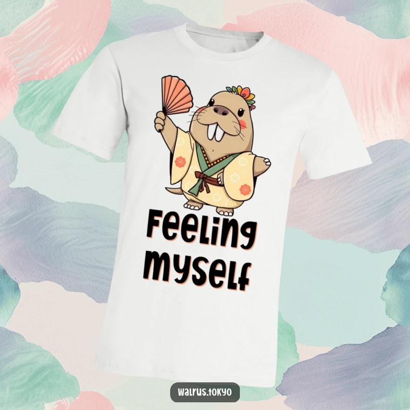 Funny T-shirt depicting a cheerful walrus in a decorated kimono, gracefully waving a fan, showcasing a happy and vibrant personality.