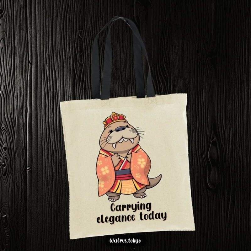 Funny regal walrus tote bag in a detailed kimono, bowing gracefully, a stylish and humorous accessory for carrying essentials.